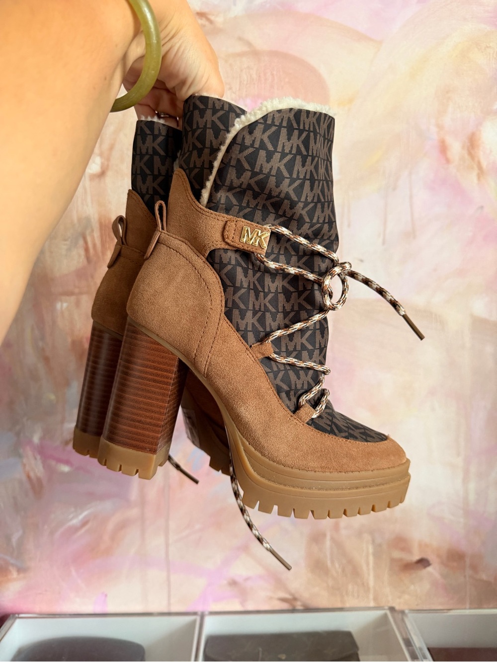 Michael Kors Brown and Dark Brown Logo Suede Lug-Heel Ankle Boots